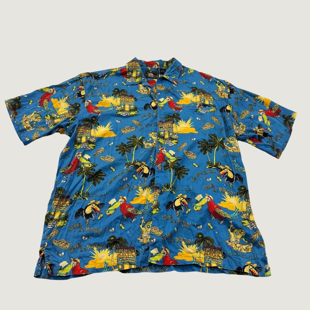 Jimmy Buffett Margaritaville Shirt Mens 2X Blue Parrot Tropical Cotton Button Up